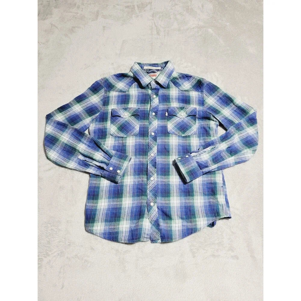 Levi's Western Pearl Snap Shirt Mens Medium Plaid Blue/Green Flannel Button Up